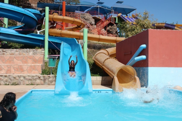 Into the water from the slide 